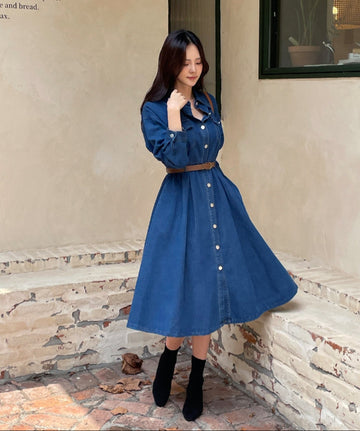 Happiness Denim Shirt Long One Piece (Belt Set)